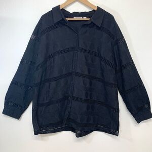 Susan Graver Blouse Woman 24W  Black Button Up Cut Out Long Sleeve 100% Cotton‎